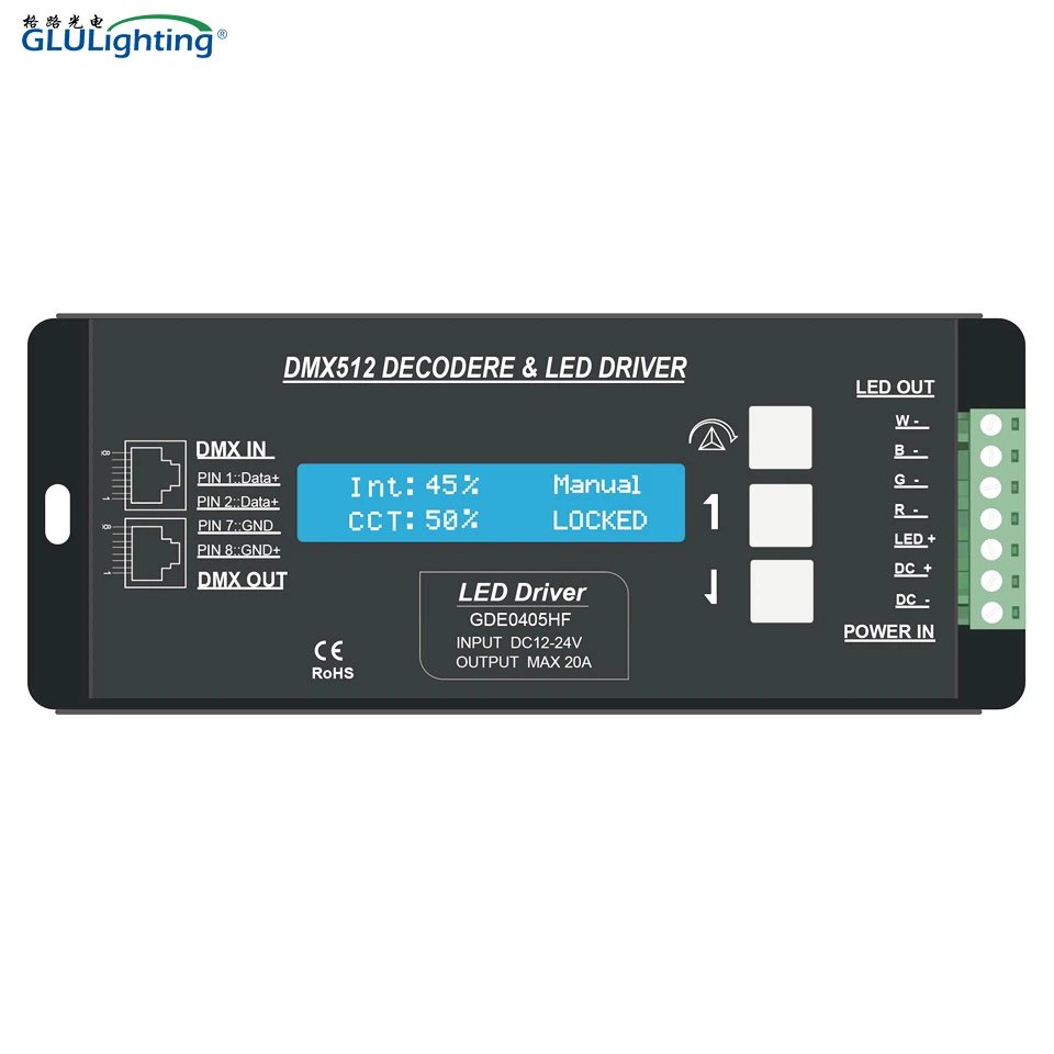 Kõrgsageduslik 4 kanaliga DMX-dekooder LCD-ekraaniga